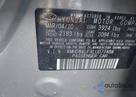 2020 Hyundai Elantra Sel из США, поврежденный, VIN KMHD84LFXLU077484